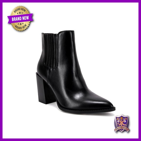 Pointed Toe Stacked Heel Chelsea Ankle Boots Faux Leather Slip On
